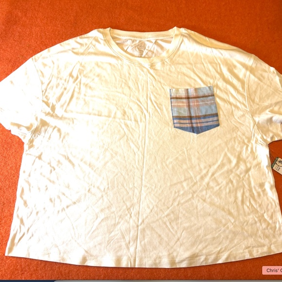 Off white and blue organic cotton winter pattern plaid pocket tee NWT - Picture 2 of 8